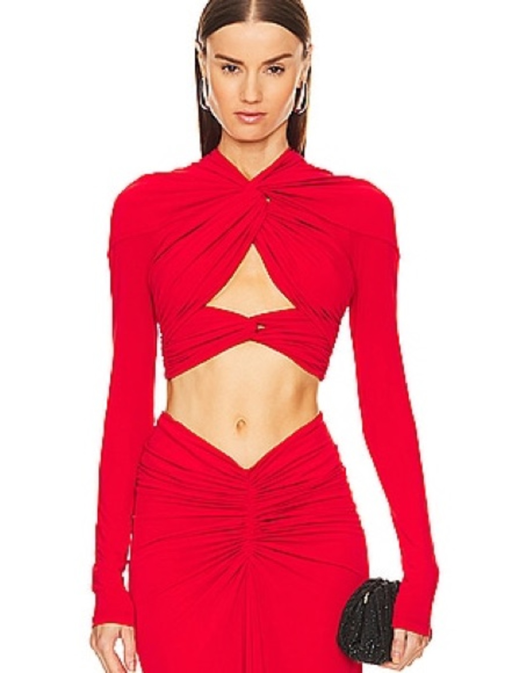 Ronny Kobo Collection Red Twist-Knot Long Sleeve Crop Top